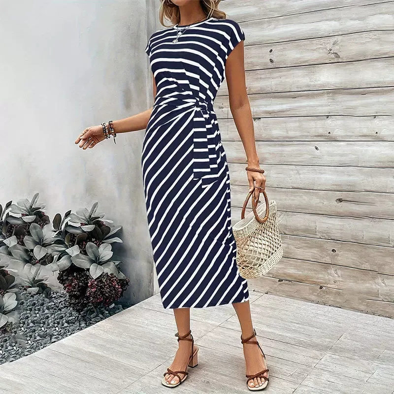 Elegant Striped Maxi Dress for Women Short Sleeve Round Neck Waist Tie Summer Fashion