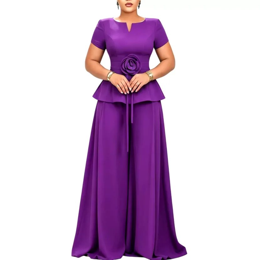 Plus Size Womens Casual Ruffle Sleeve Top and Wide Leg Pants Set in Purple Apricot Blue and Peacock Green for Summer