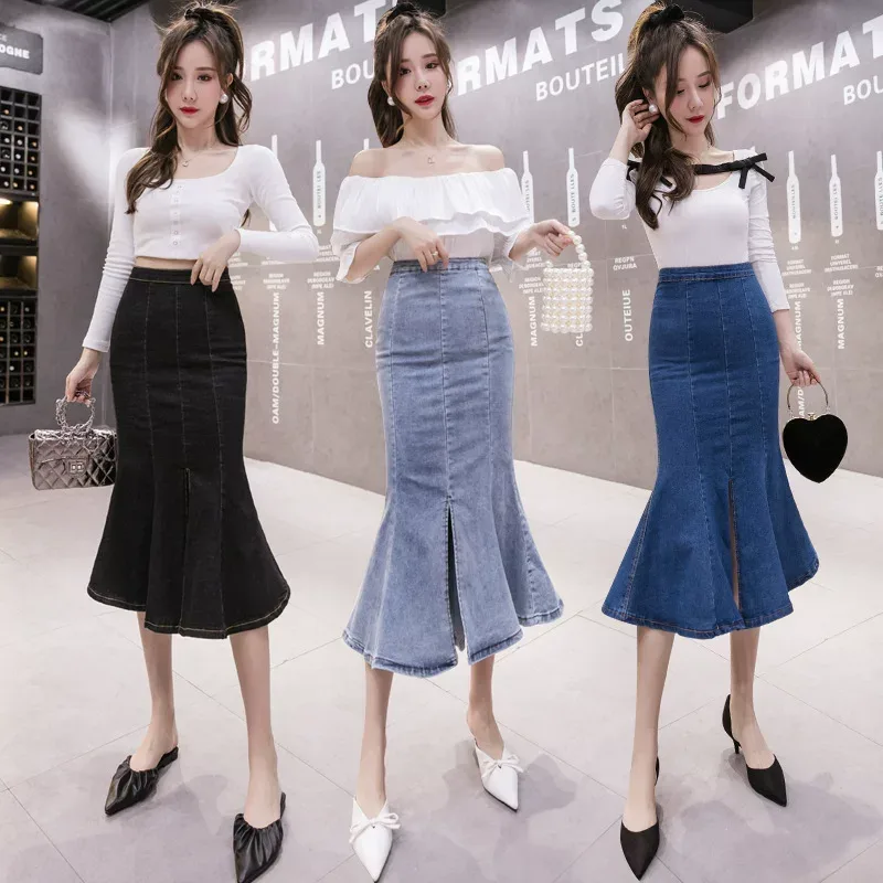 High Waist Fishtail Skirt Ruffle Design Stretch Denim Available in Blue and Black Wholesale Ready to Ship