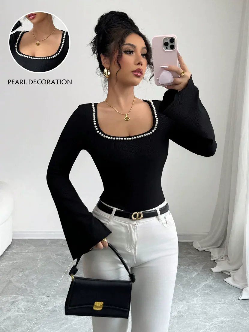 Black Square Neck Long Sleeve T Shirt for Women with Pearl Detail and Flare Sleeves Slim Fit for Casual Wear Wholesale