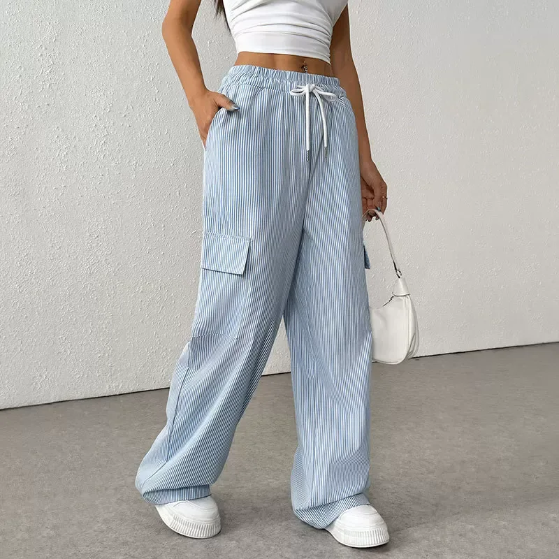 Wide Leg Striped Trousers for Women Casual Summer Style Lightweight Fabric Available in Blue Wholesale Options