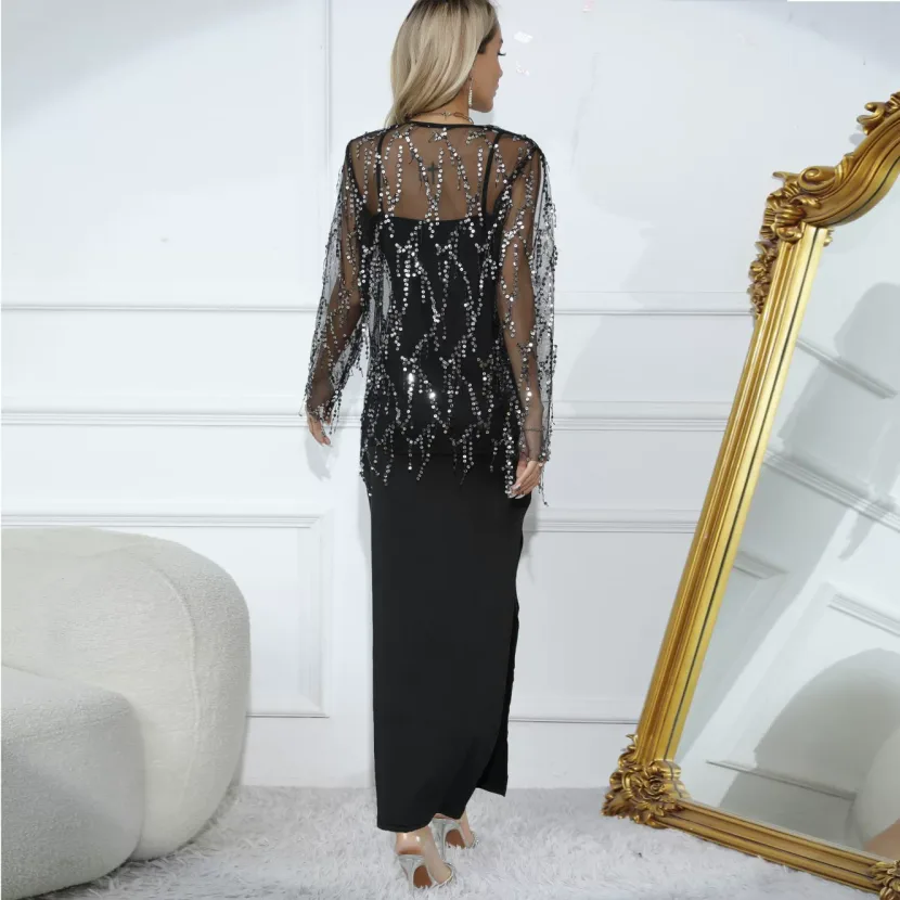 Sequin Tassel Cover Up and Long Dress Set for Women Black Casual Fashion OEM ODM service