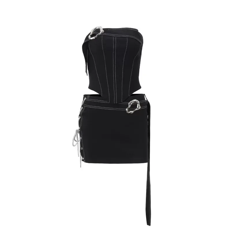 Womens Sexy Strapless Asymmetrical Top Slim Fit Trendy American Street Style Matching Bodycon Mini Skirt Set