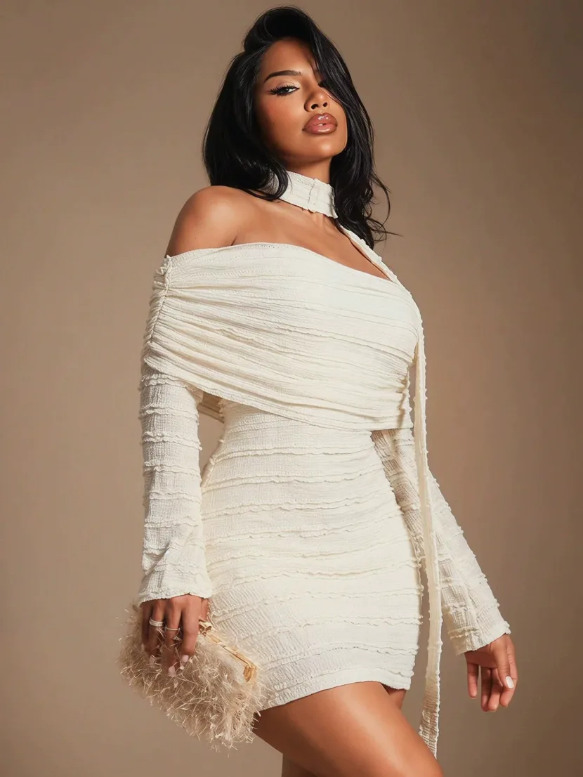 Off Shoulder Dress Summer Bodycon Fit Halter Neck Textured Fabric Short Length Wholesale Available