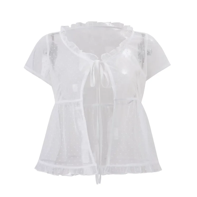 Womens Bohemian Beach Set Sheer Polka Dot Top with Shorts Summer Vacation Wear fast shipping