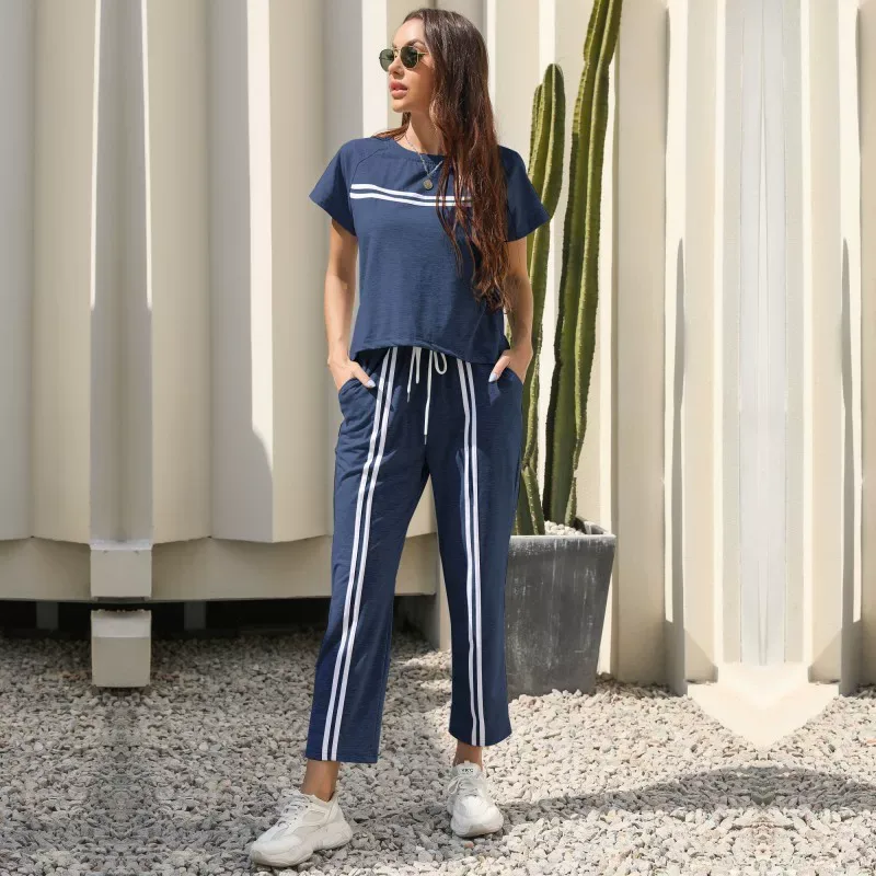 Womens Casual Two Piece Set Short Sleeve Striped Round Neck Comfortable Fabric Available in Blue Gray Black Wholesale
