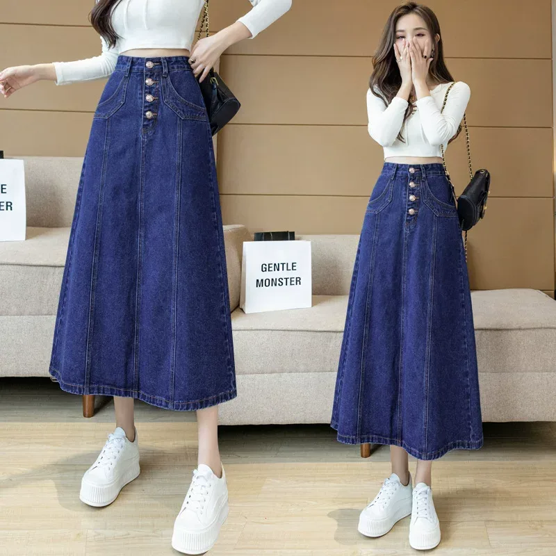 Vintage High Waist A Line Denim Skirt for Women Casual Mid Length Design Spring Summer Collection