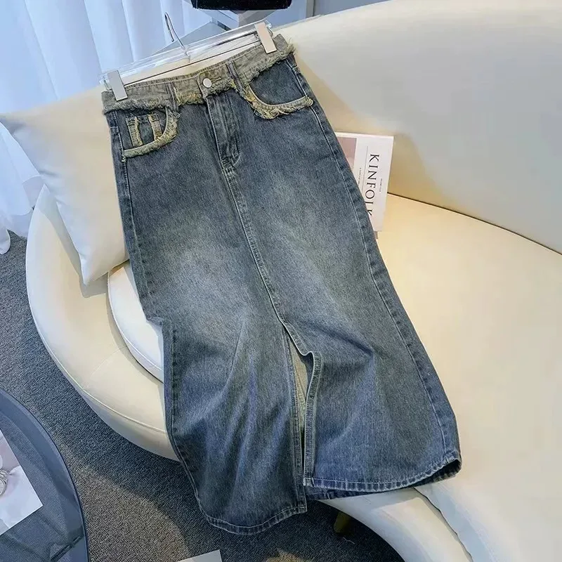 Slim Fit Denim Midi Skirt for Women Frayed Hem Split Design Casual Everyday Wear