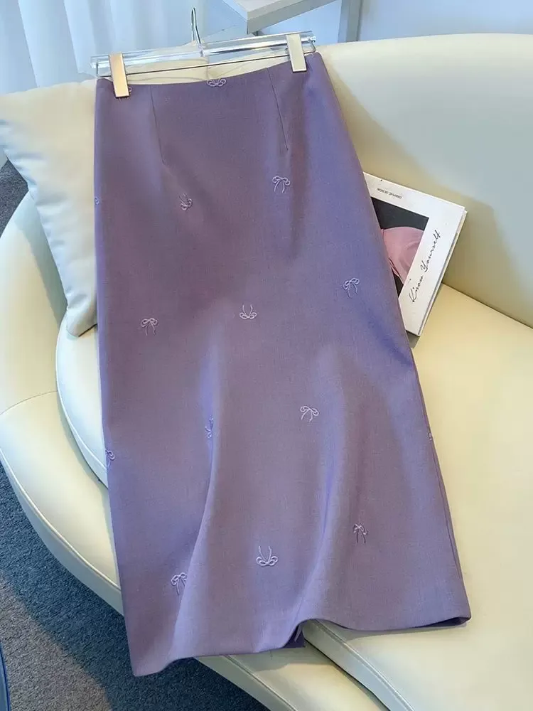 High Waist A Line Skirt with Butterfly Embroidery Mid Length Design Spring Autumn Fashion