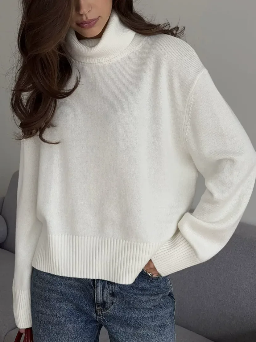 Womens Knit Sweater Solid Color High Neck Loose Fit Casual Autumn Winter Top private label