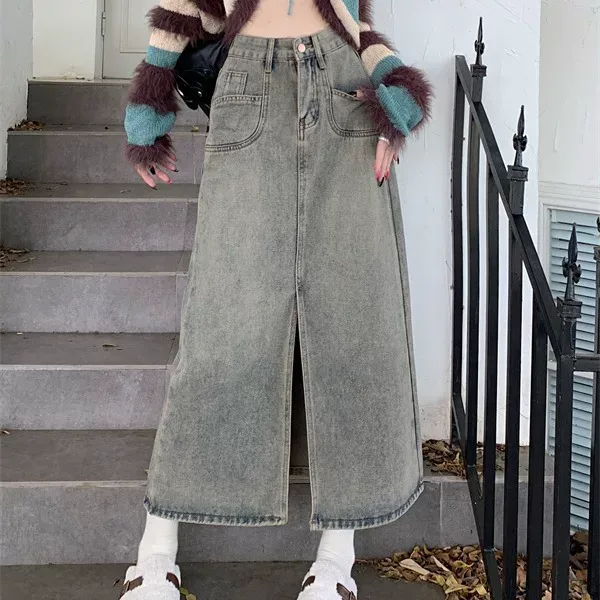 High Waist Split Hem Denim Midi Skirt for Women Fashionable Versatile Design Spring Autumn Wear
