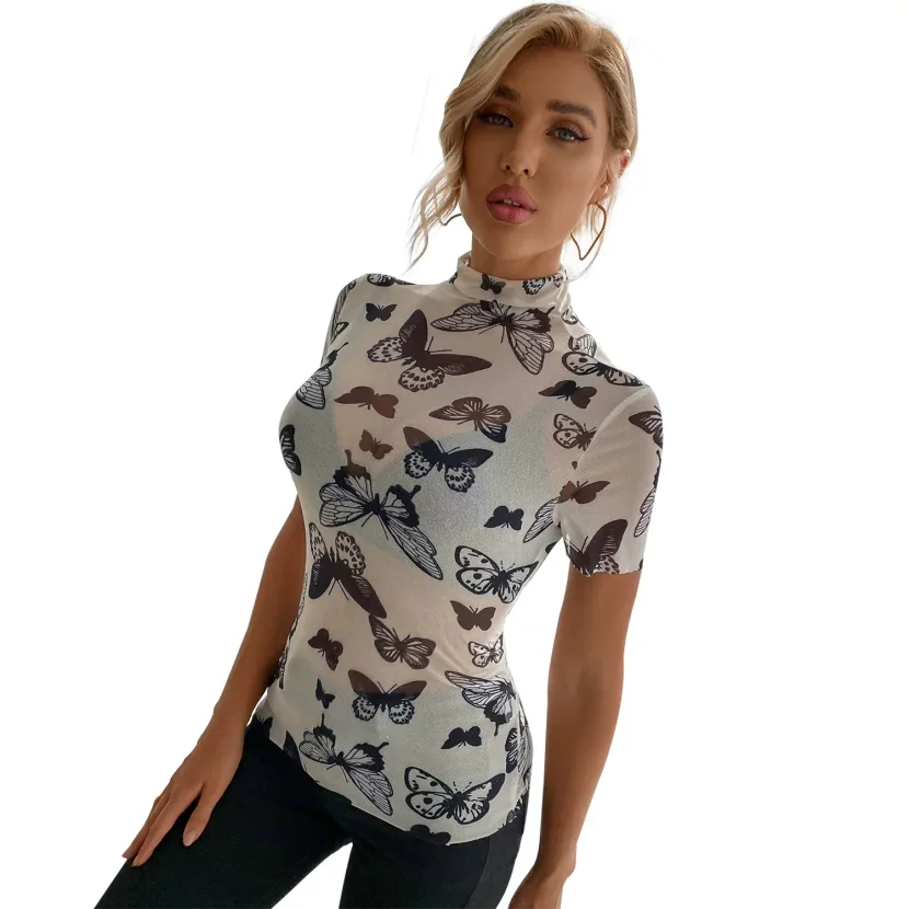 Womens Printed Mesh T Shirt Slim Fit Short Sleeve Round Neck Casual Style for Spring and Summer