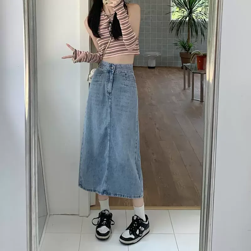 High Waist Pocket Denim Skirt for Women Loose Fit Mid Length Summer Casual Wear