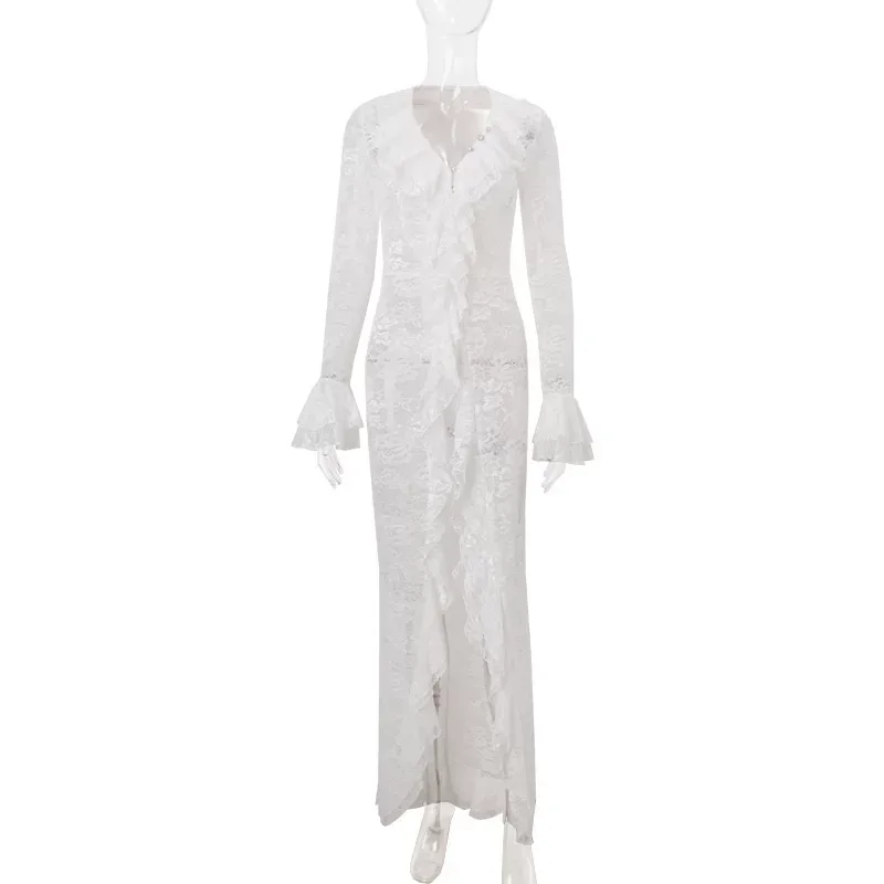 Lace Long Sleeve Dress for Women Elegant Ruffled Hem Summer Fashion Available in White Wholesale Sizes S M